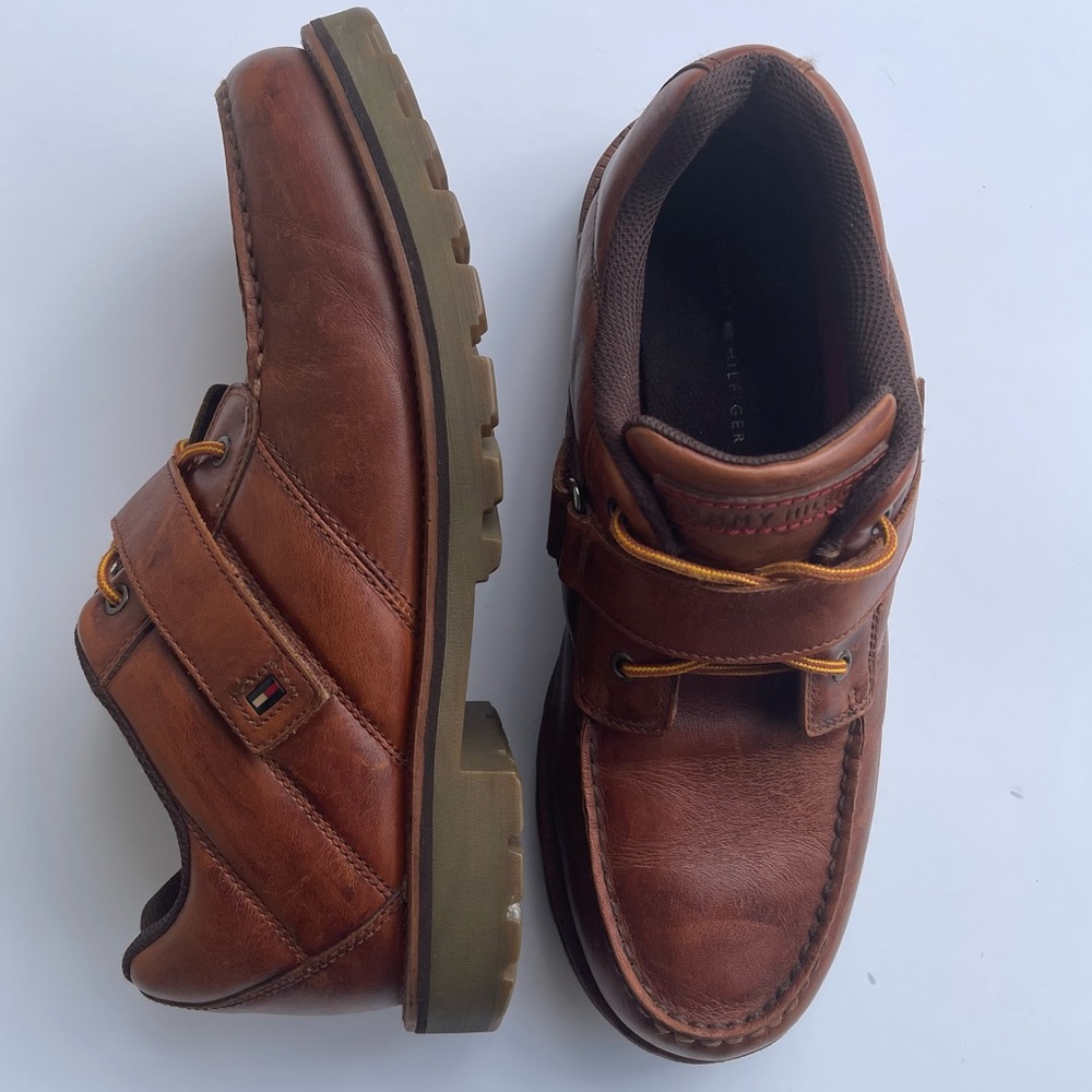 VTG Tommy Hilfiger Leather Lace Up Loafers with Velcro Strap Distressed Men’s 12